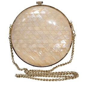 Mother Of Pearl Cream Round Clutch Purse with Gold Chain Crossbody Bag